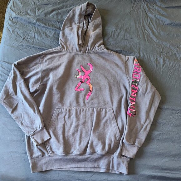 Browning | Grey Hoodie w Pink Camouflage Logo Women Medium Hunting - Picture 2 of 11